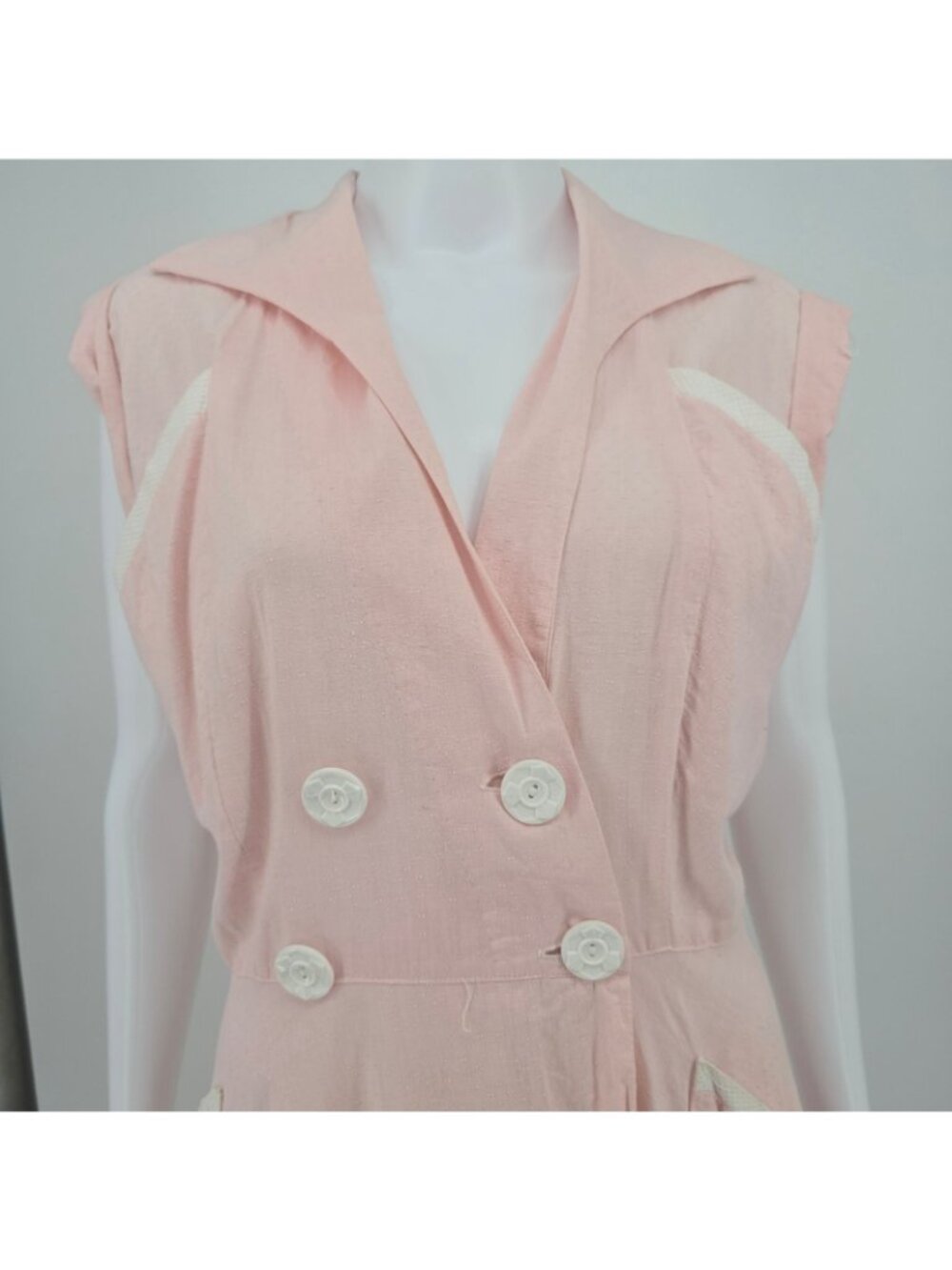Vintage 1950s Loungees Pink Swiss Dot Double-Breasted Fit & Flare Day Dress (L) - Picture 2 of 13